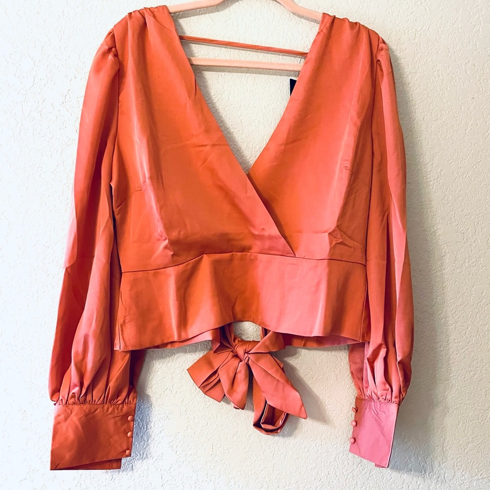 NWT Lulus Rusty Rose Satin Tie-Back Long Sleeve Top. - Picture 3 of 9